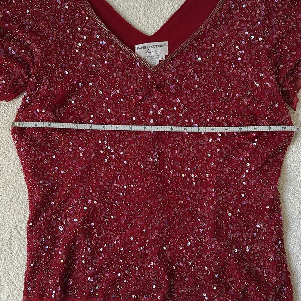 Vintage Papell Boutique Top 1X, Red Silk Embellished V Plunge, Flutter Sleeves - Picture 7 of 8